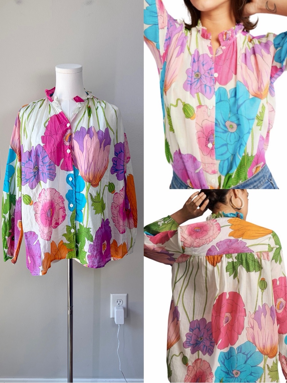 Millie Lightweight Cotton Francesca Floral Patterned Button Up Blouse Top